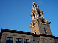 Close up view of Lawrence City Hall Clock Tower